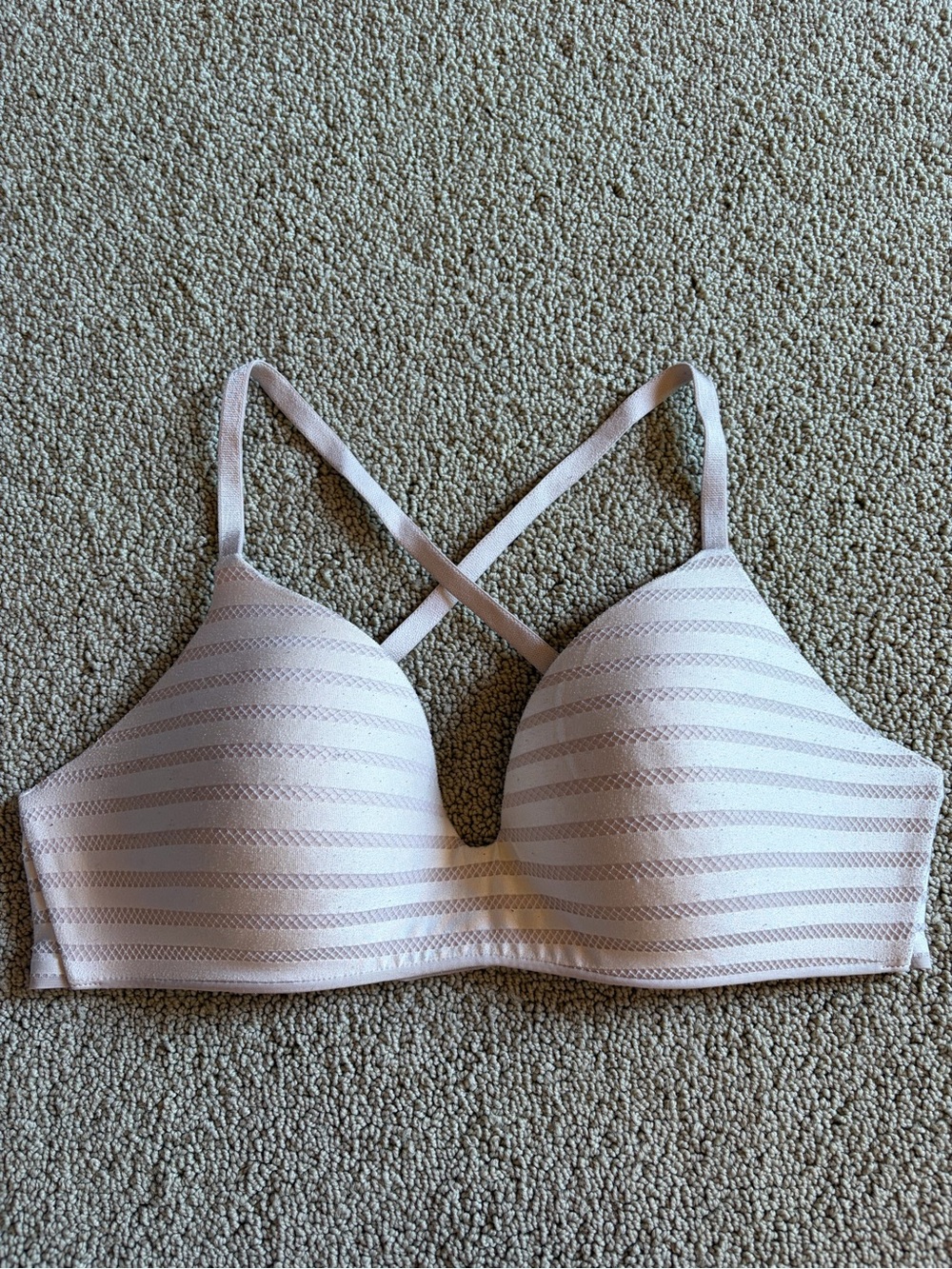 Light Pink Striped Wireless T-Shirt Bra with Crisscross Straps wireless